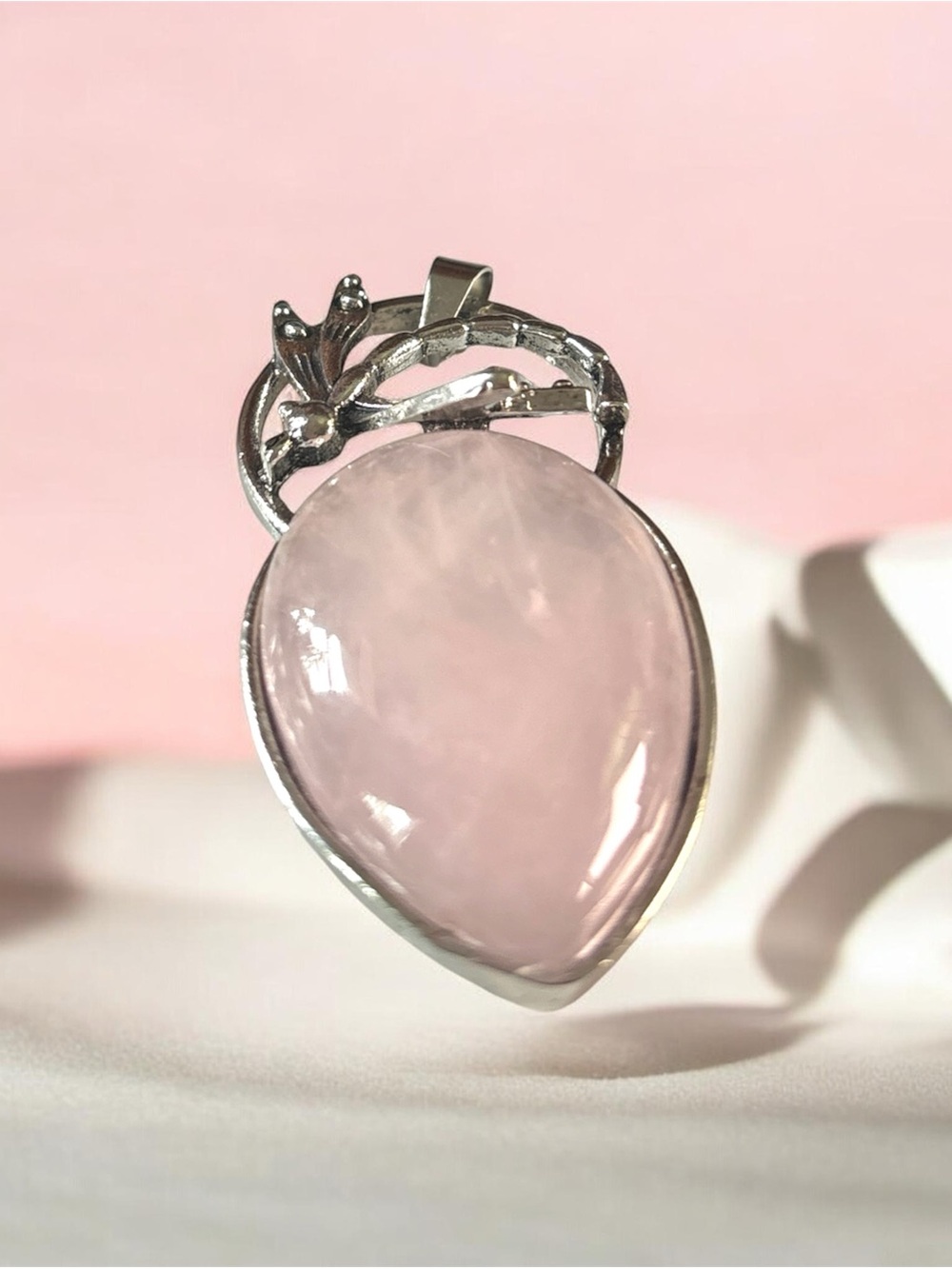 Teardrop Rose Quartz Pendant in Sterling-Style Setting - Pink